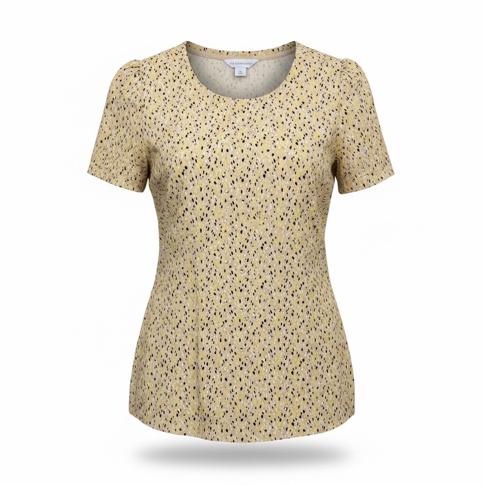 Liz Claiborne Womens Tan Yellow Abstract Dash Print Button Shoulder Top Medium